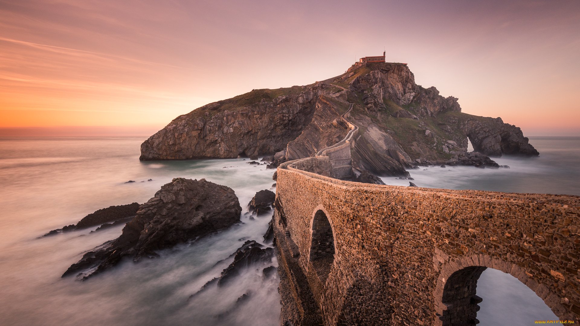 природа, побережье, закат, мост, море