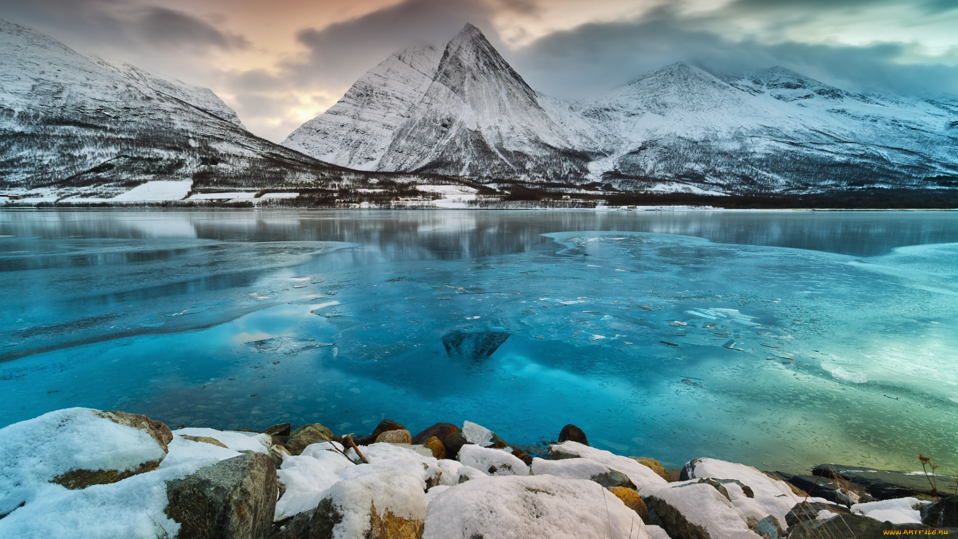 природа, реки, озера, рассвет, зима, снег, горы, река