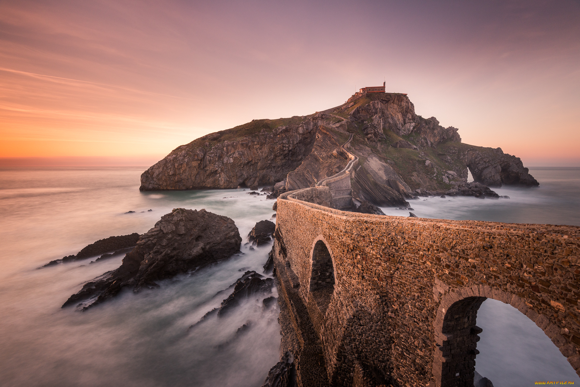 природа, побережье, закат, мост, море