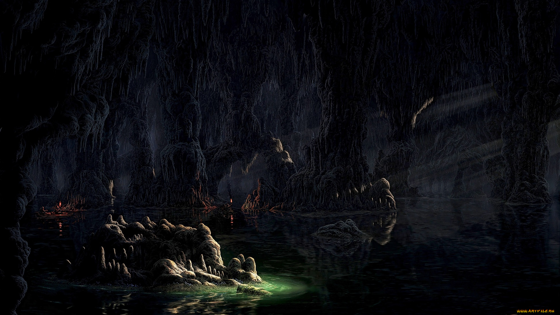 фэнтези, пейзажи, озеро, факелы, лучи, люди, лодки, пещера