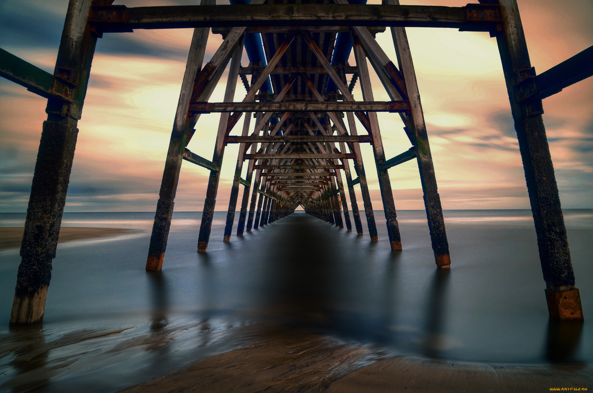 природа, побережье, тучи, мост, океан