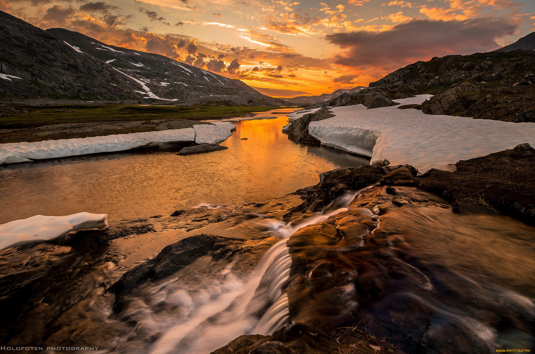 природа, реки, озера, горы, река, пейзаж, снег, закат