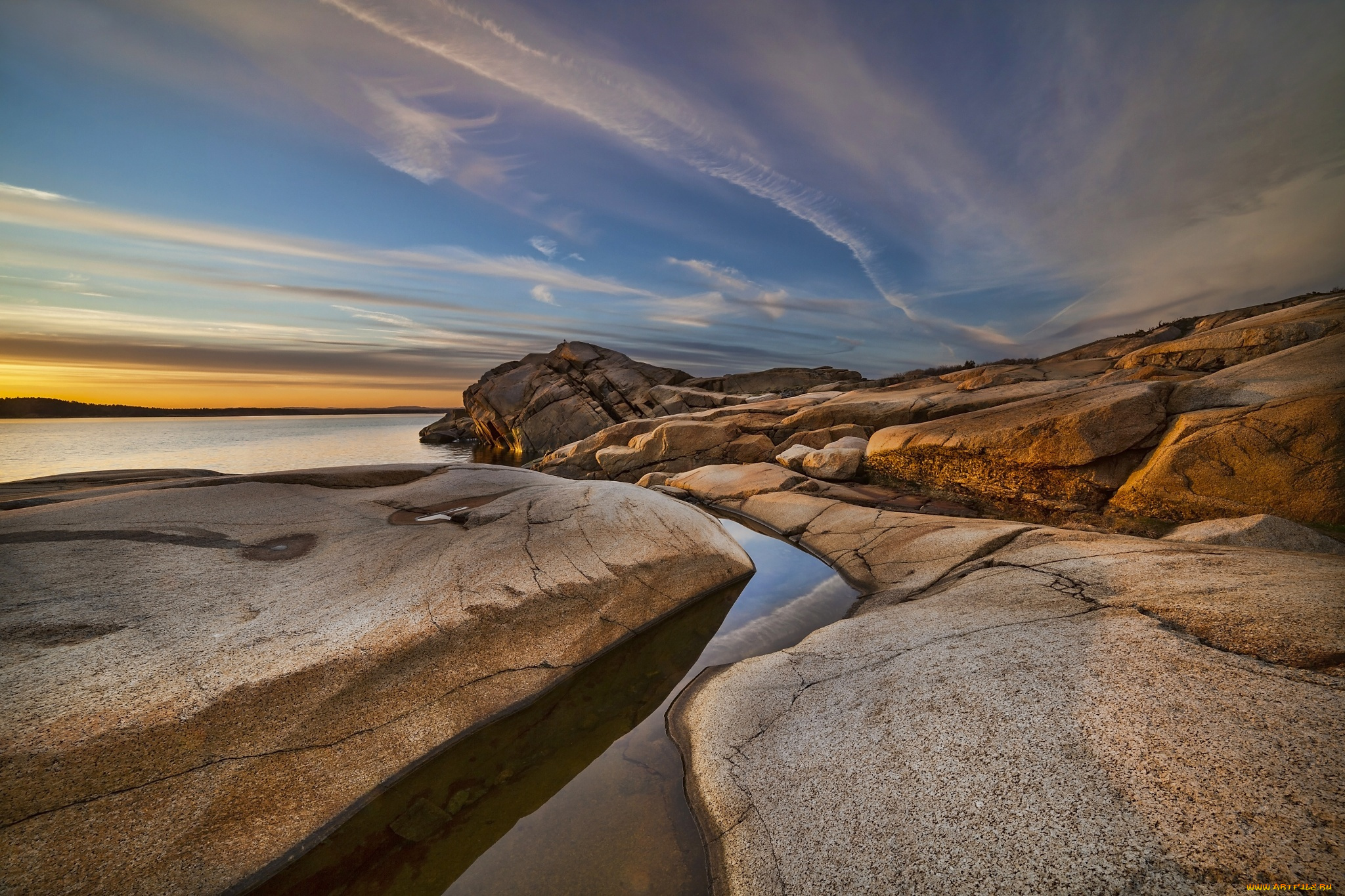 природа, побережье, океан, скала, утро, камни, рассвет