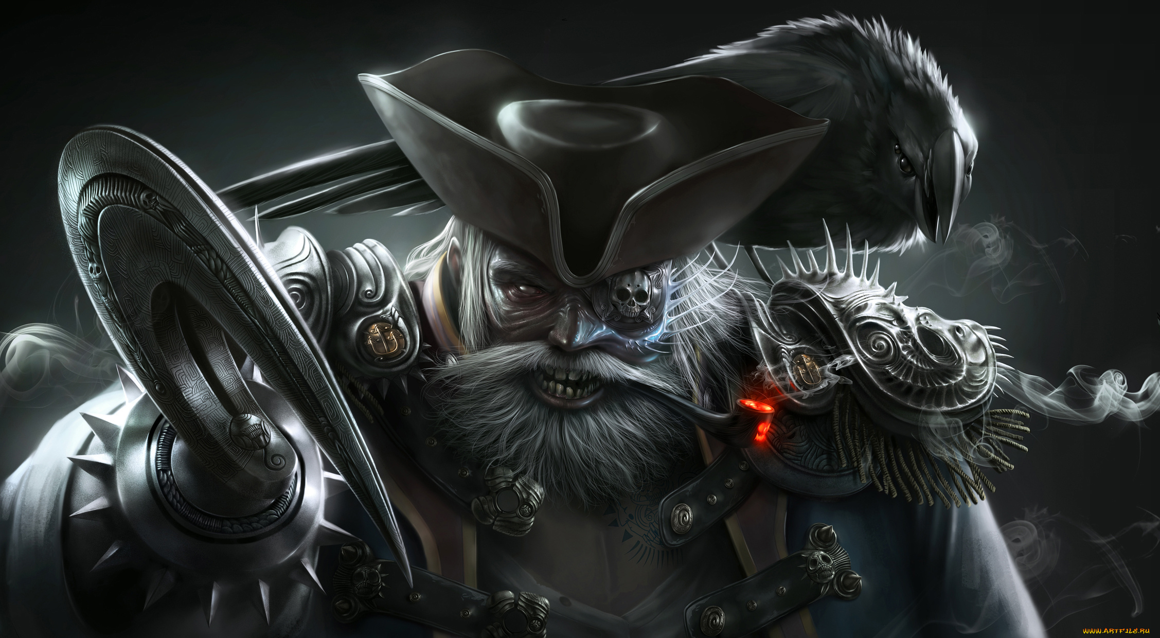 фэнтези, люди, шляпа, люлька, ворон, крюк, пират