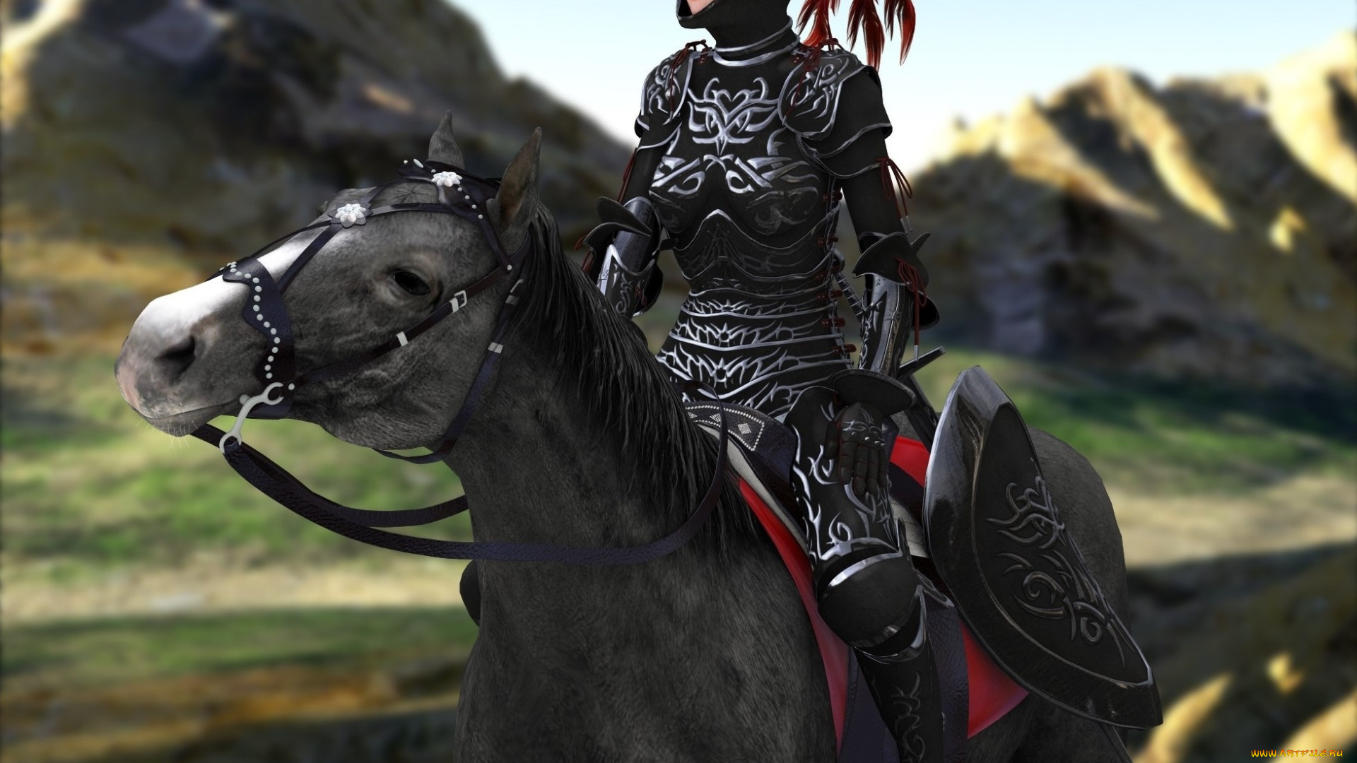 3д, графика, люди, и, животные, , people, and, animals, рыцарь, лошадь, фон, взгляд, девушка