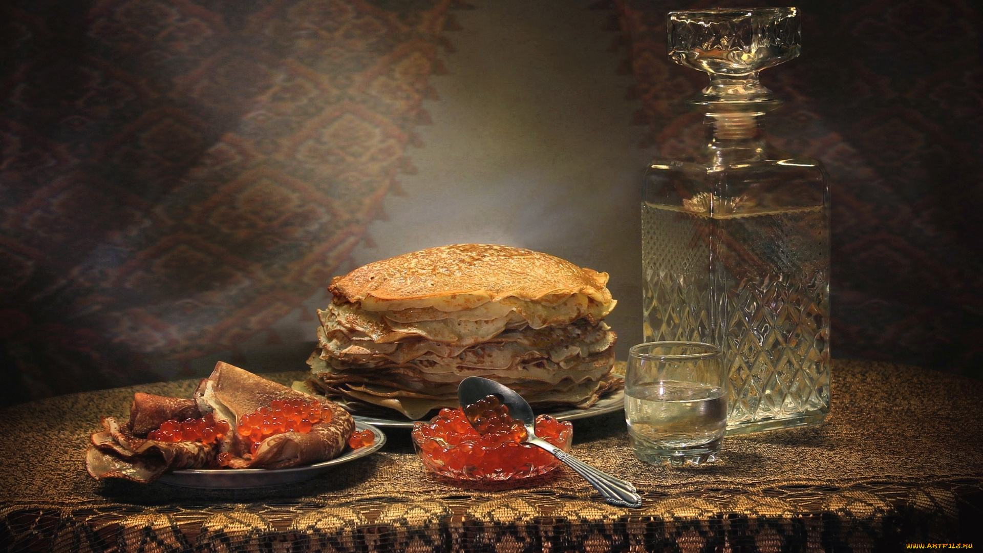 еда, блины, , оладьи, водка, графин, икра