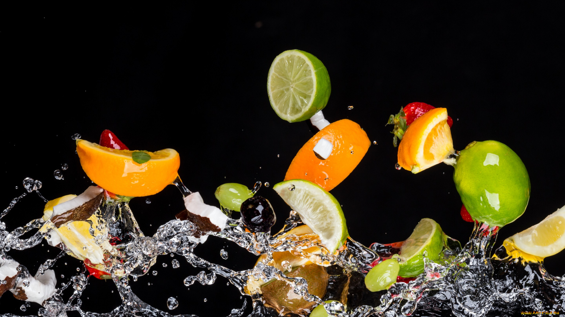еда, фрукты, , ягоды, вода, ягоды, чёрный, фон