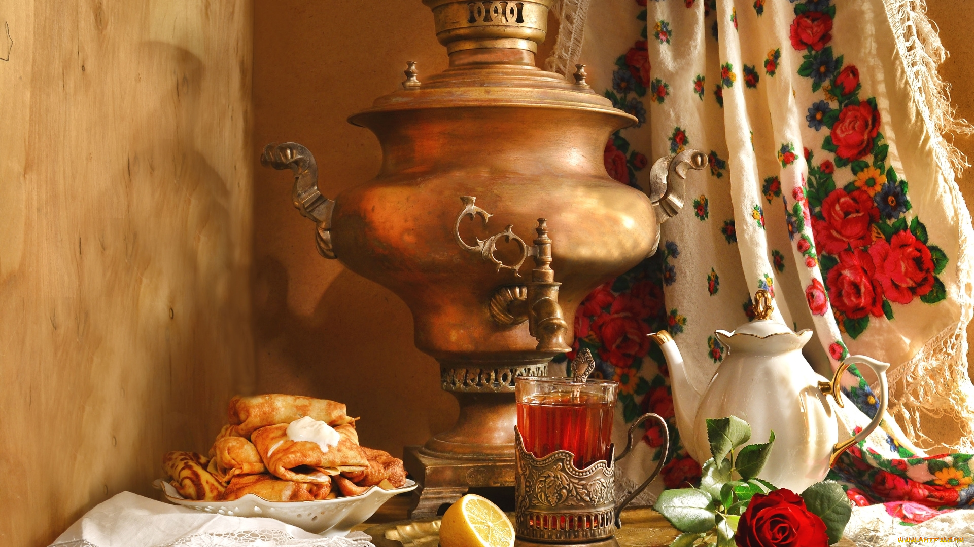 еда, натюрморт, масленица, блины, платок, самовар, роза, чайник, лимон, чай, этно