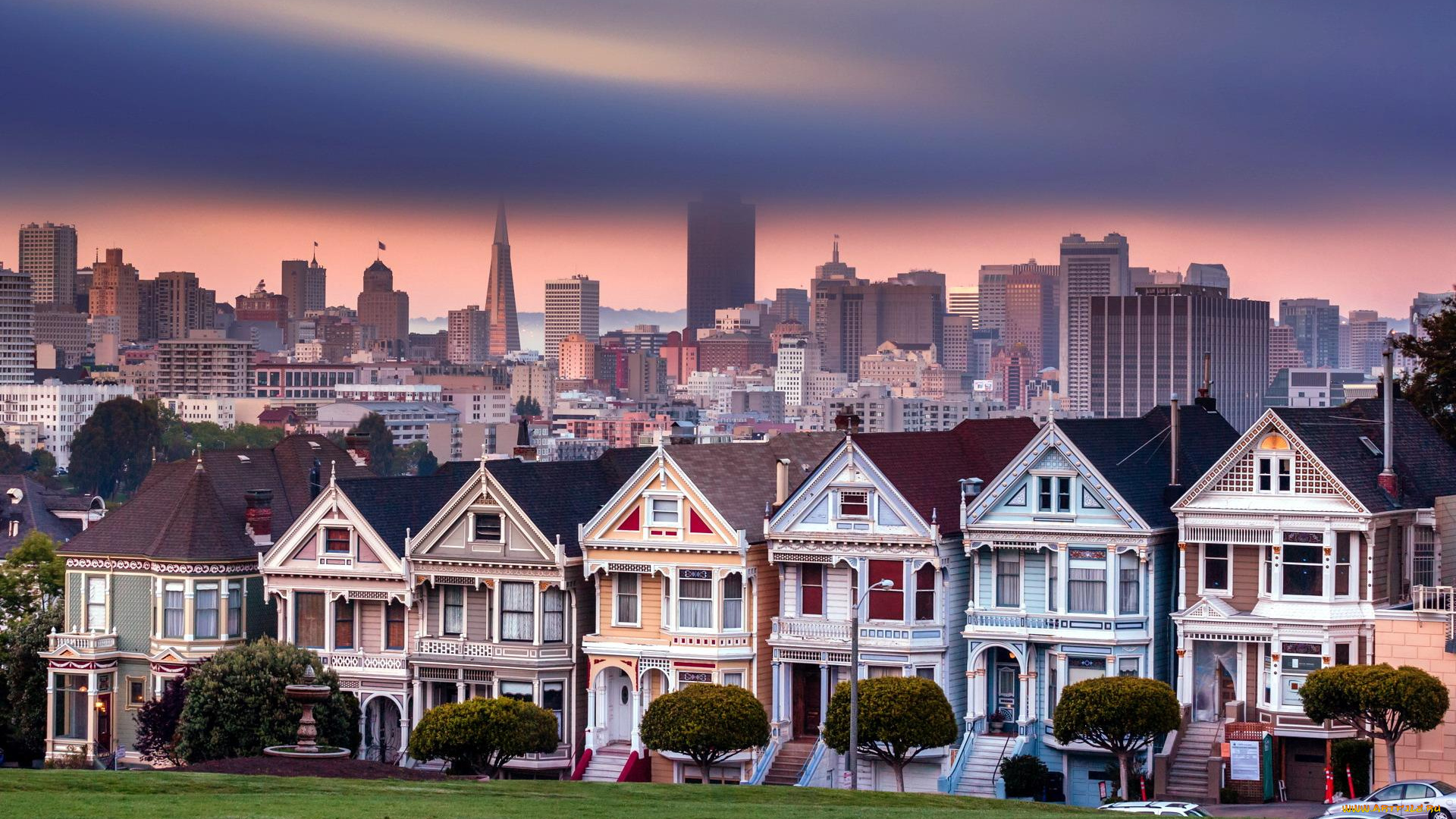 города, сан-франциско, , сша, дома, здания, коттеджи, тучи, закат