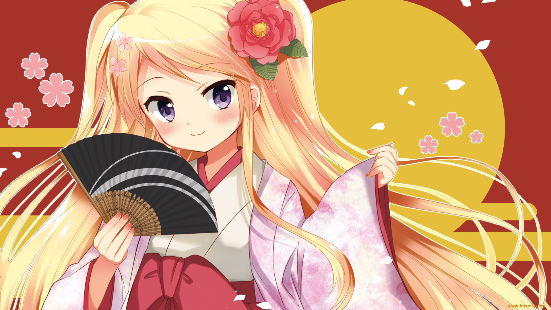 kin`iro, mosaic, аниме, unknown, , другое, фон, веер, взгляд, девушка