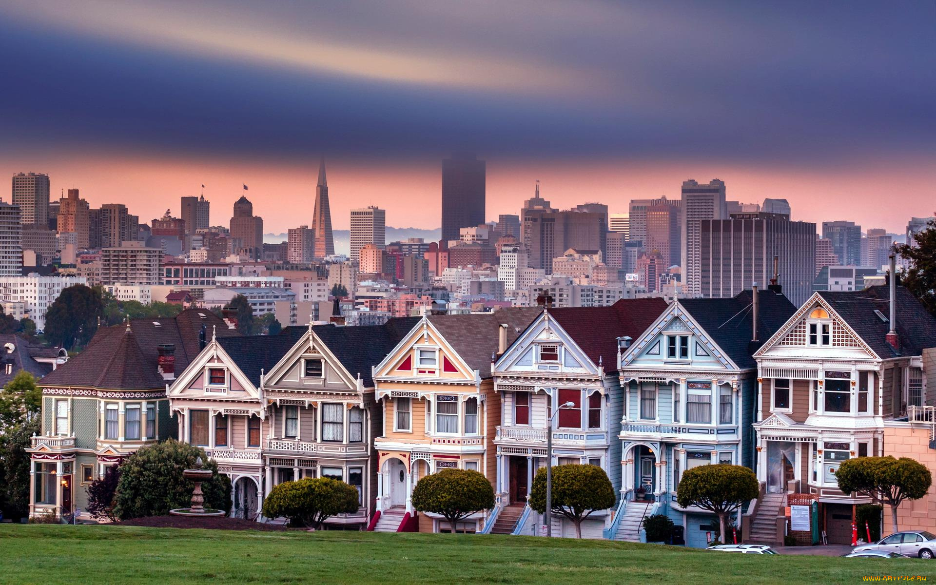 города, сан-франциско, , сша, дома, здания, коттеджи, тучи, закат