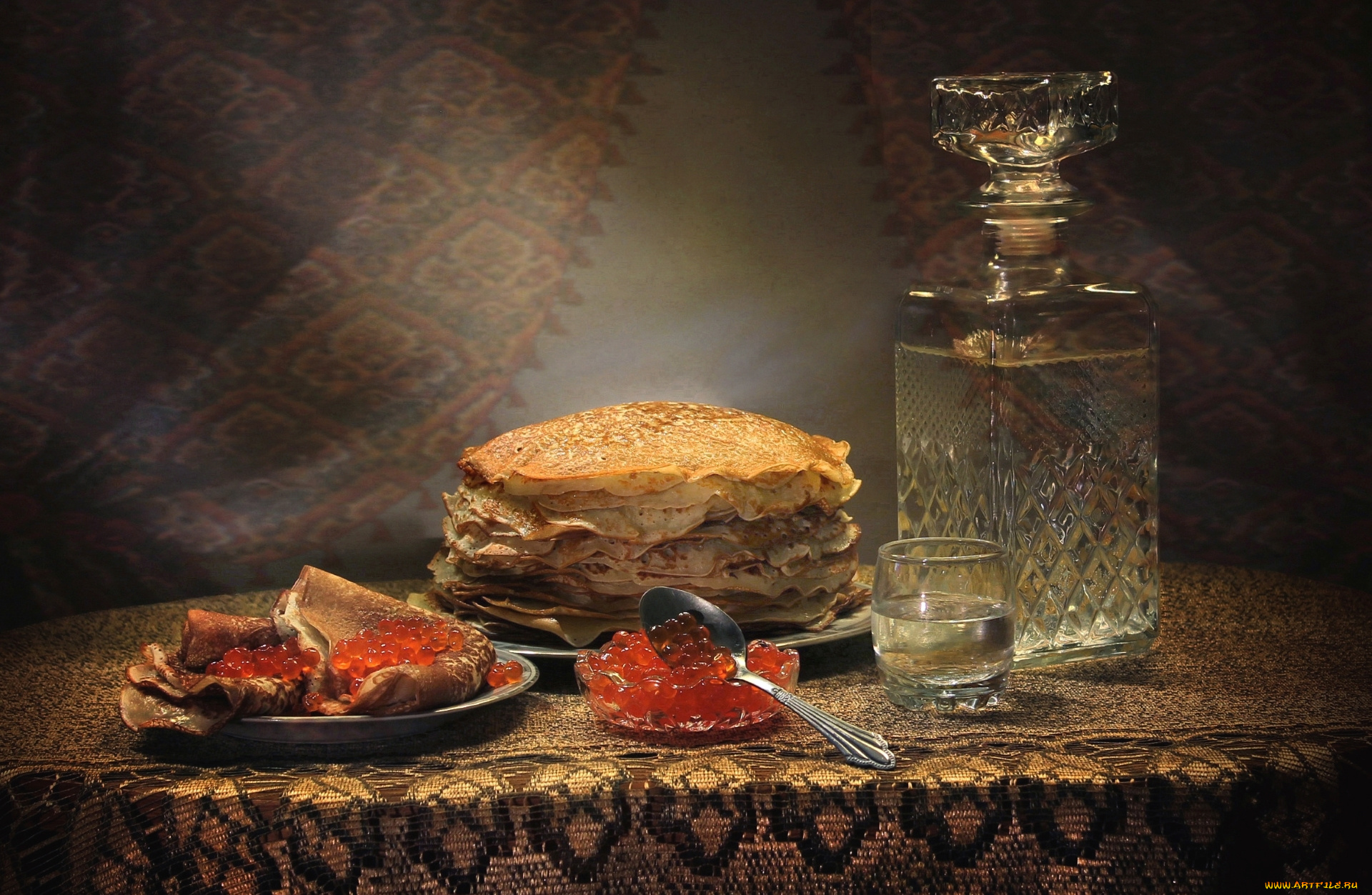 еда, блины, , оладьи, водка, графин, икра