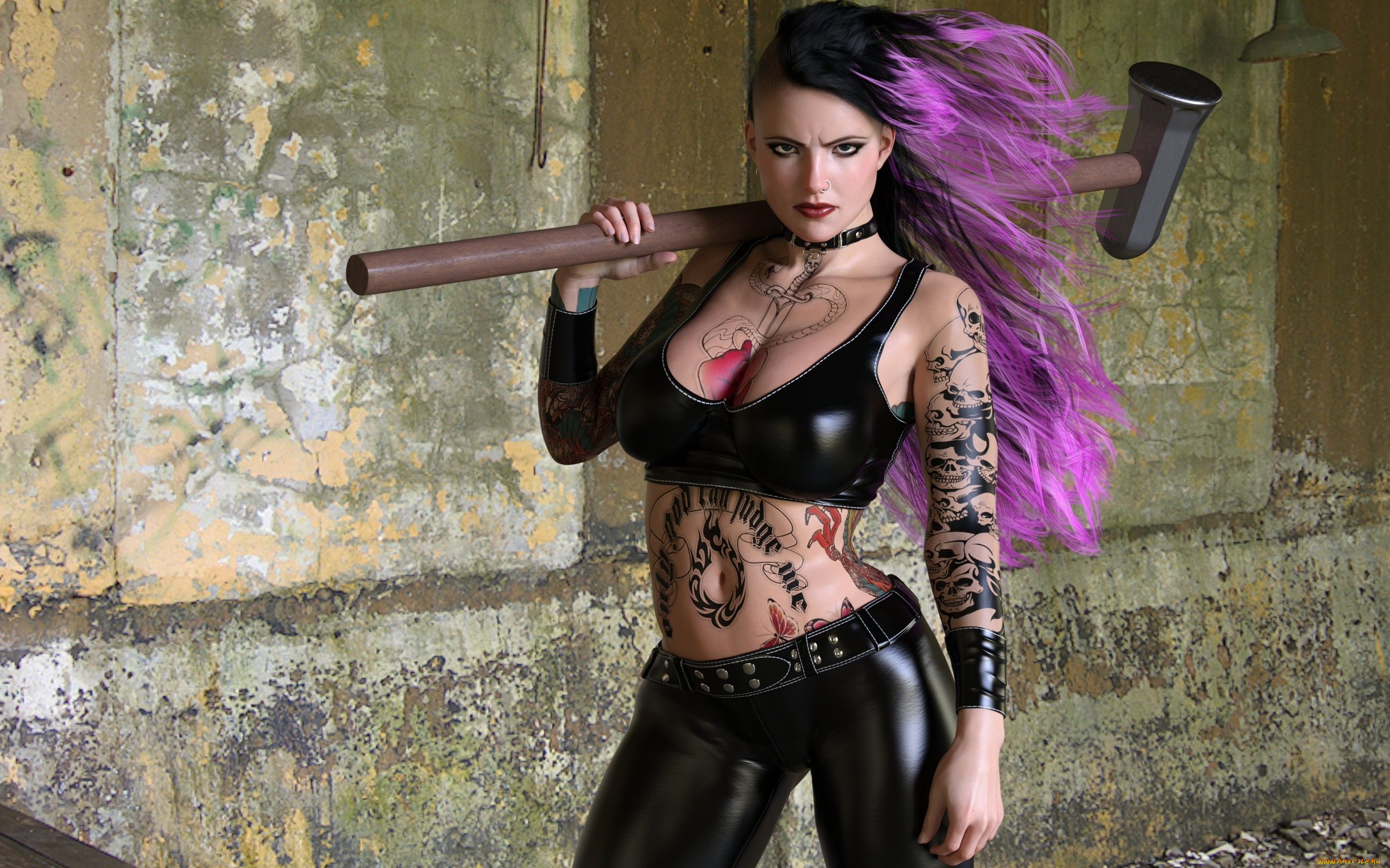 3д, графика, люди, , people, девушка, панк, кувалда, грудь, взгляд, тату, стена, прическа