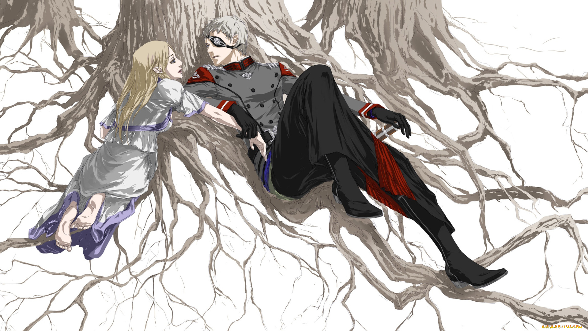 аниме, last, exile, перчатки, белый, фон, liliana, il, velch, босая, last, exile, двое, военная, форма, корни, дерева, alauda, изгнанник, повязка, на, глаз
