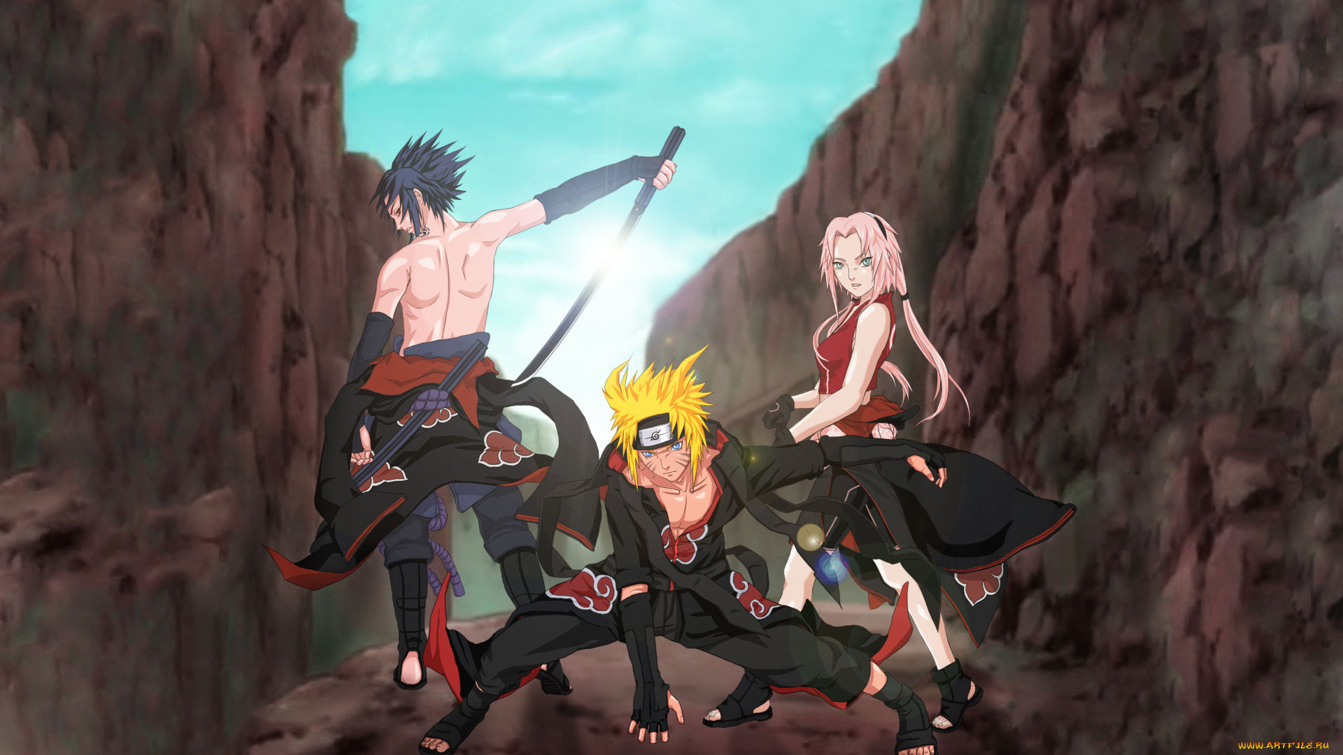 аниме, naruto, узумаки, наруто, саске, учиха, скалы, акацуки, бой, сакура