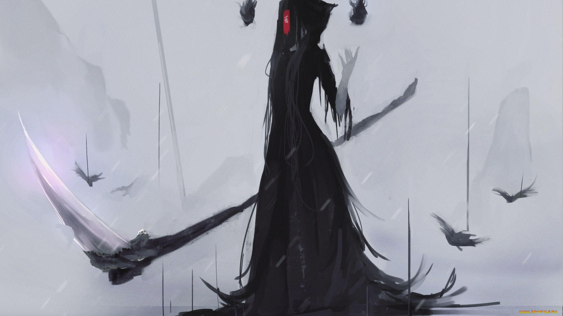 аниме, оружие, , техника, , технологии, смерть, готика, арт, девувшка, птицы, коса, огонь