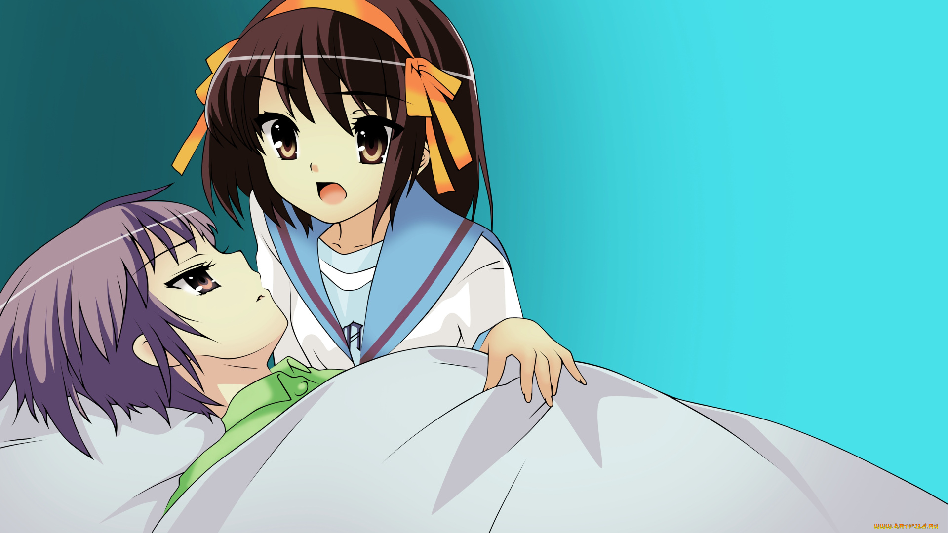 аниме, the, melancholy, of, haruhi, suzumiya, девушка, взгляд, фон