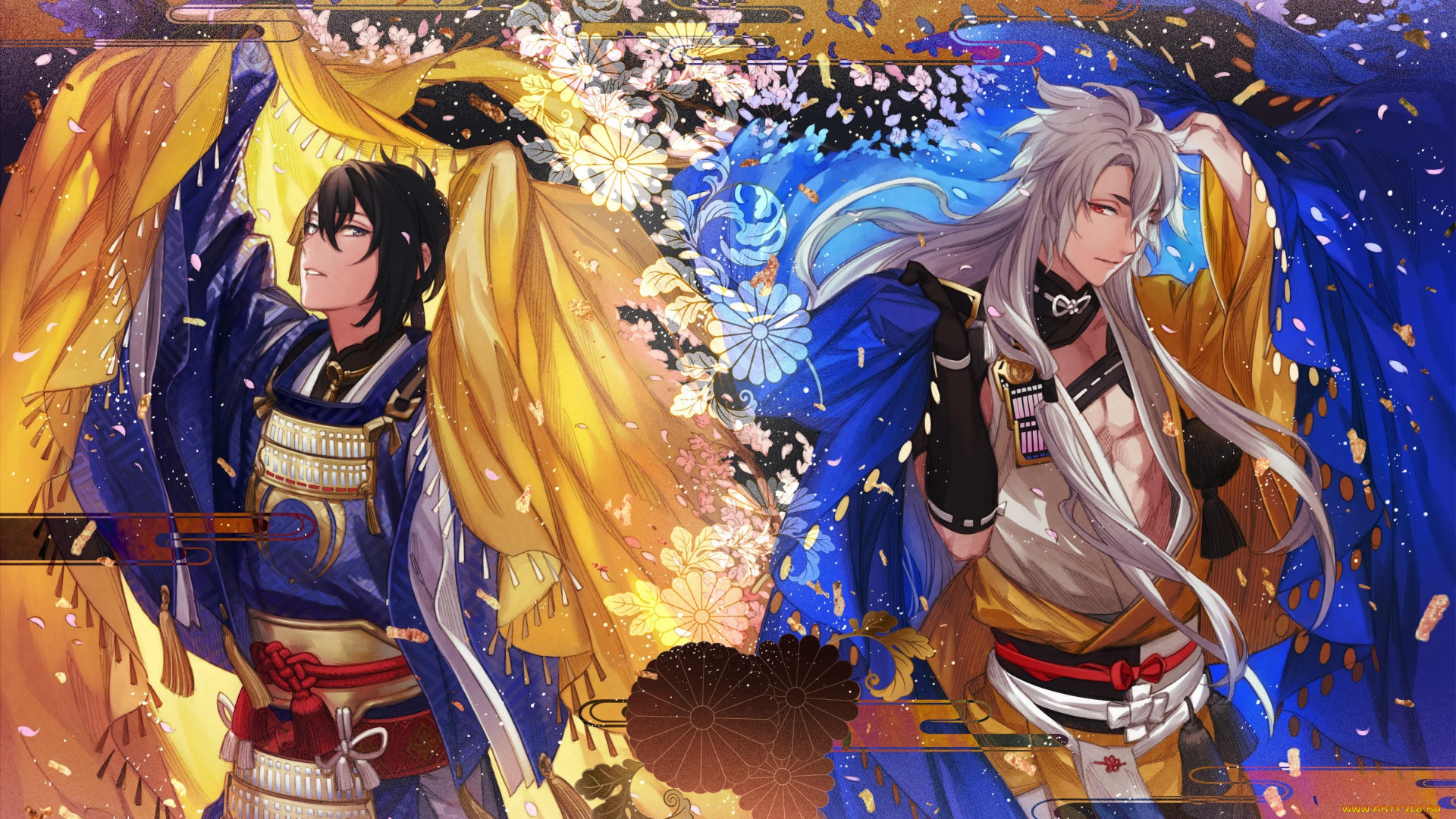 аниме, touken, ranbu, kogitsunemaru, art, tayuya, узор, доспехи, длинные, белые, волосы, пояс, танец, мечей, самураи, покрывало, mikazuki, munechika, touken, ranbu