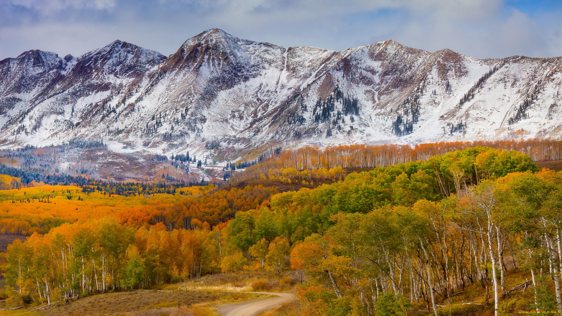природа, горы, пейзаж, берёзы, снег, осень