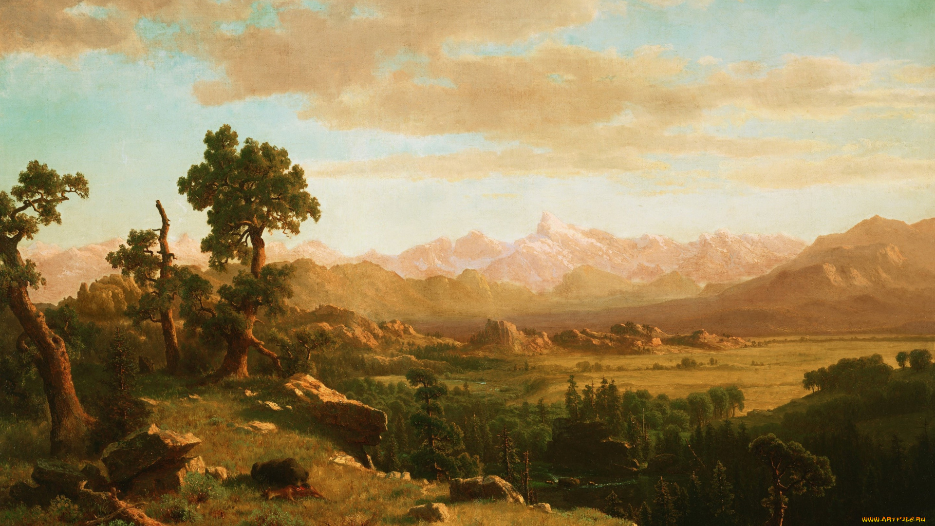 рисованное, природа, альберт, бирштадт, пейзаж, горы, картина, камни, долина, wind, river, country