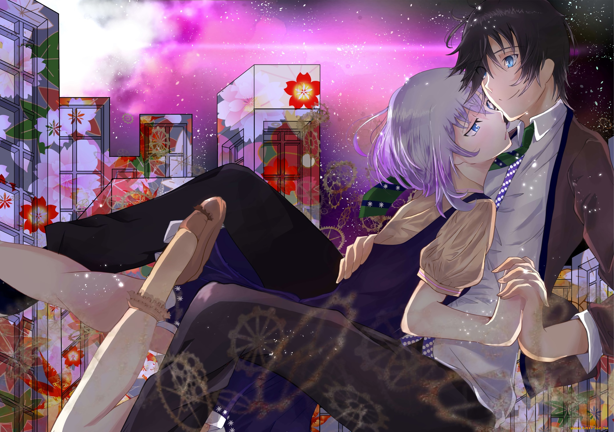 аниме, unknown, , другое, девушка, парень, фон, взгляд