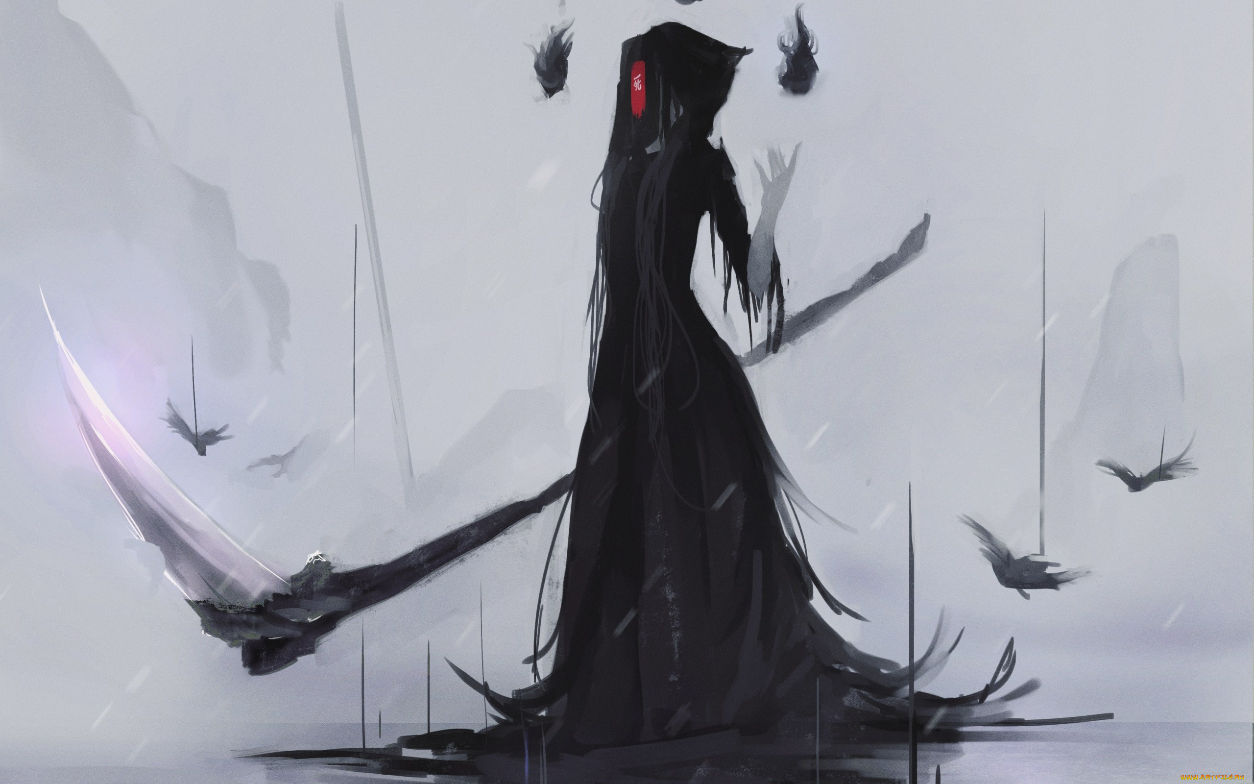 аниме, оружие, , техника, , технологии, смерть, готика, арт, девувшка, птицы, коса, огонь