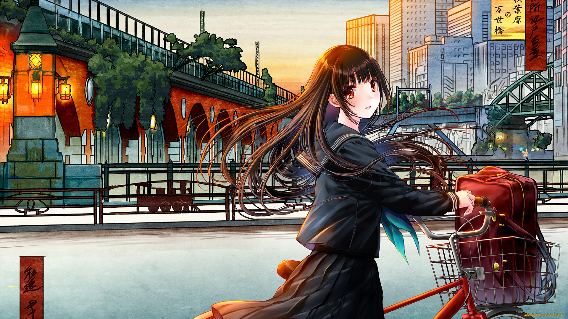 аниме, город, , улицы, , интерьер, , здания, девушка