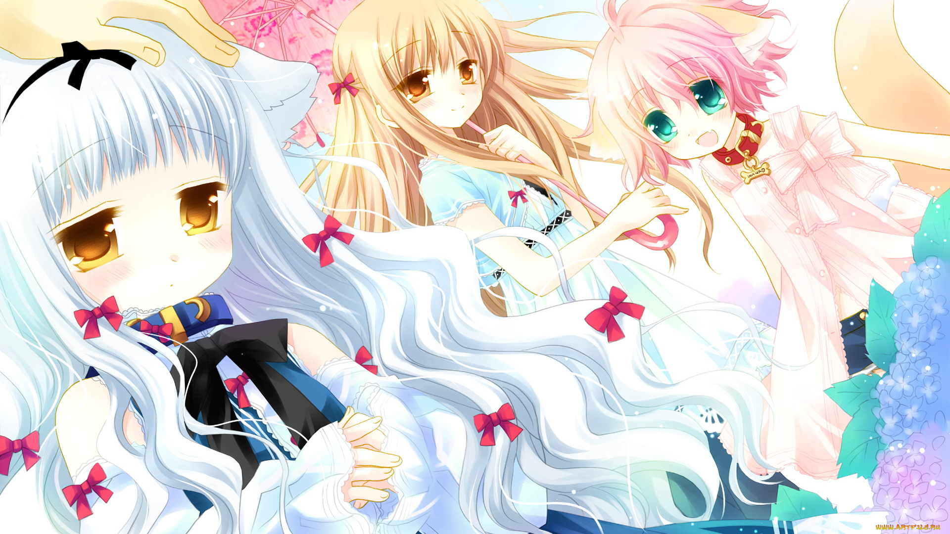 аниме, unknown, , другое, , зонт, бантики, девочки, цветы