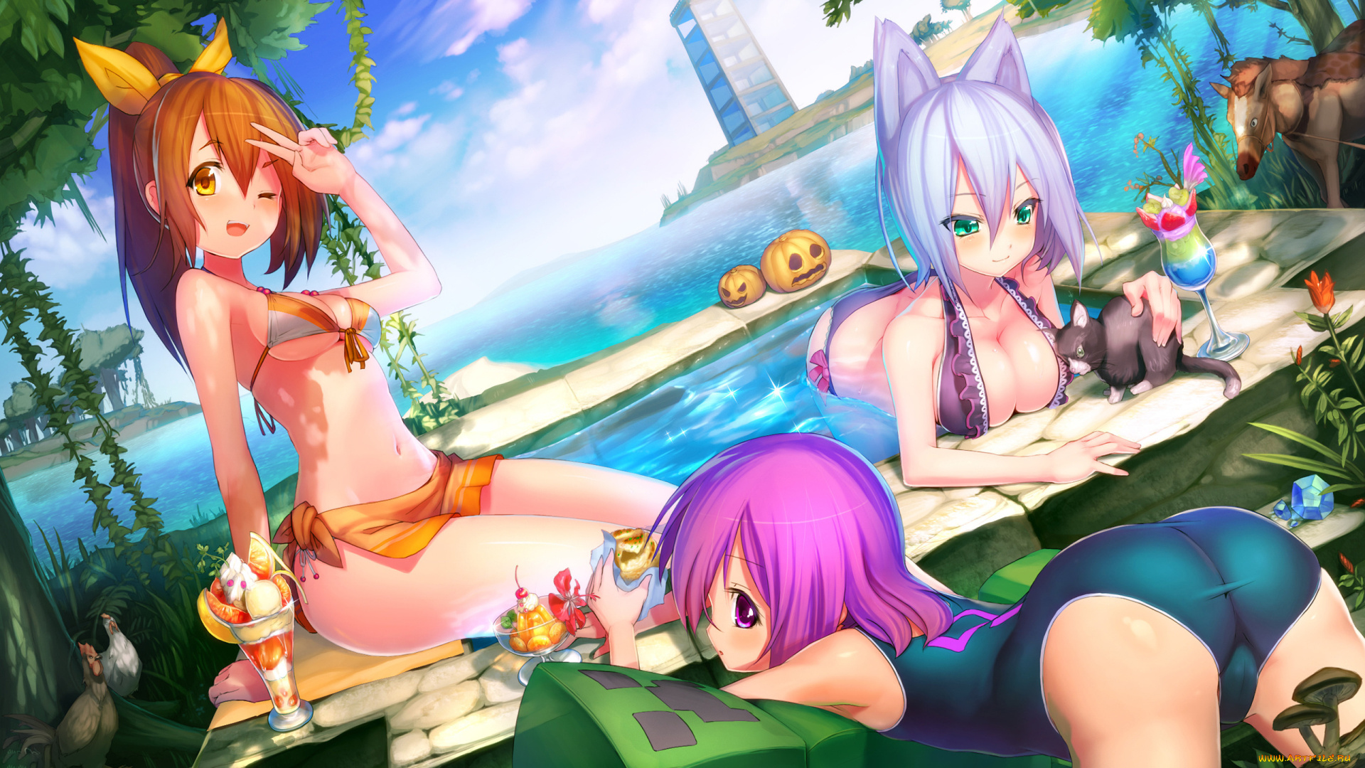 аниме, животные, , существа, фон, взгляд, девушки