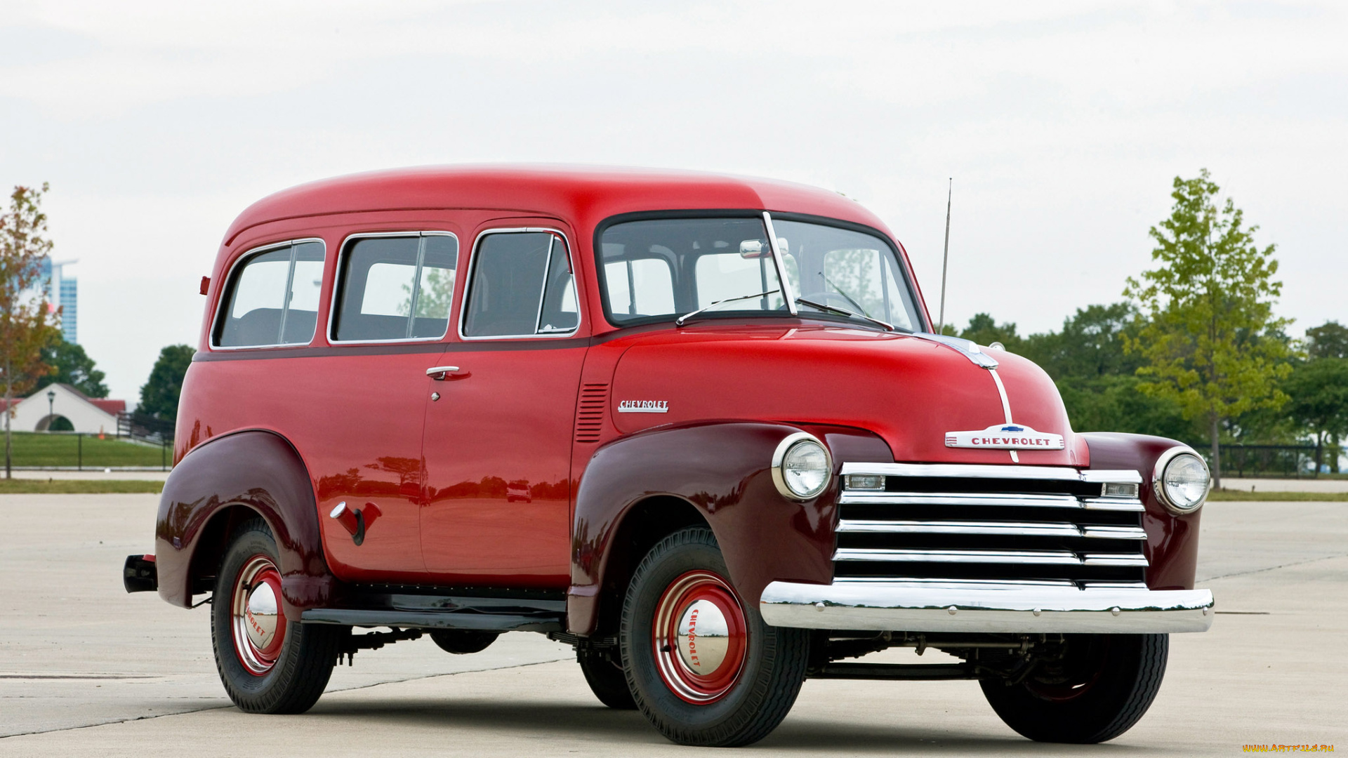 автомобили, chevrolet, деревья, площадка, ретро, красный, шевроле