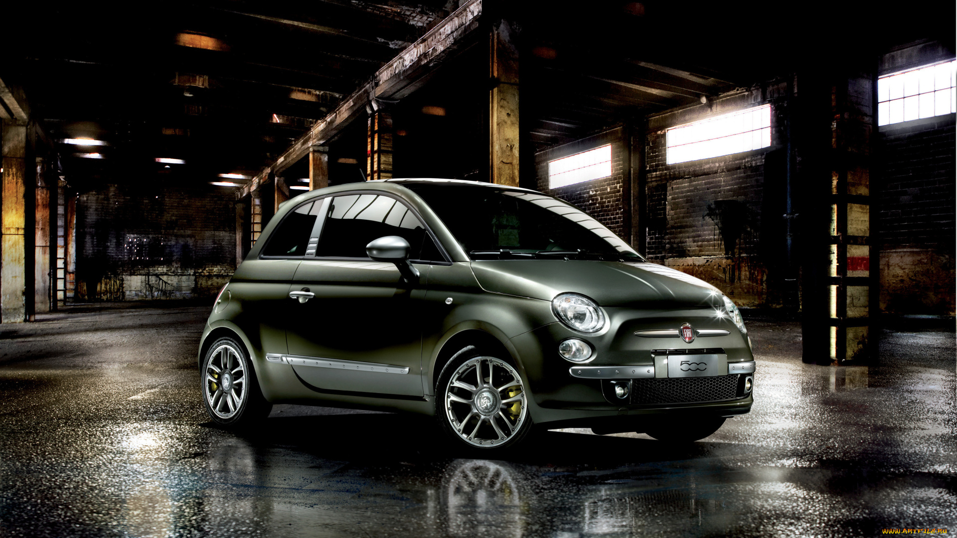 автомобили, fiat, парковка, здание, серо-зеленый, фиат, 500