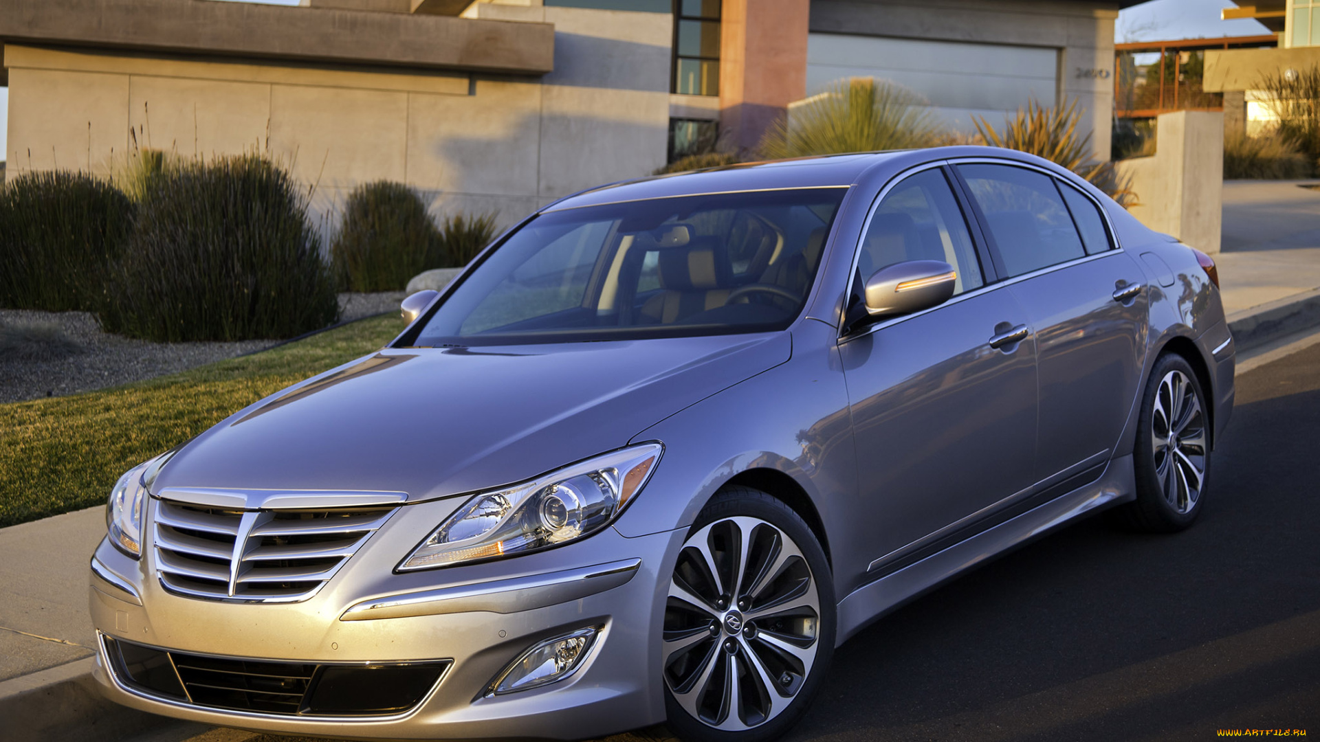 автомобили, hyundai, genesis, светлый, тротуар, дом
