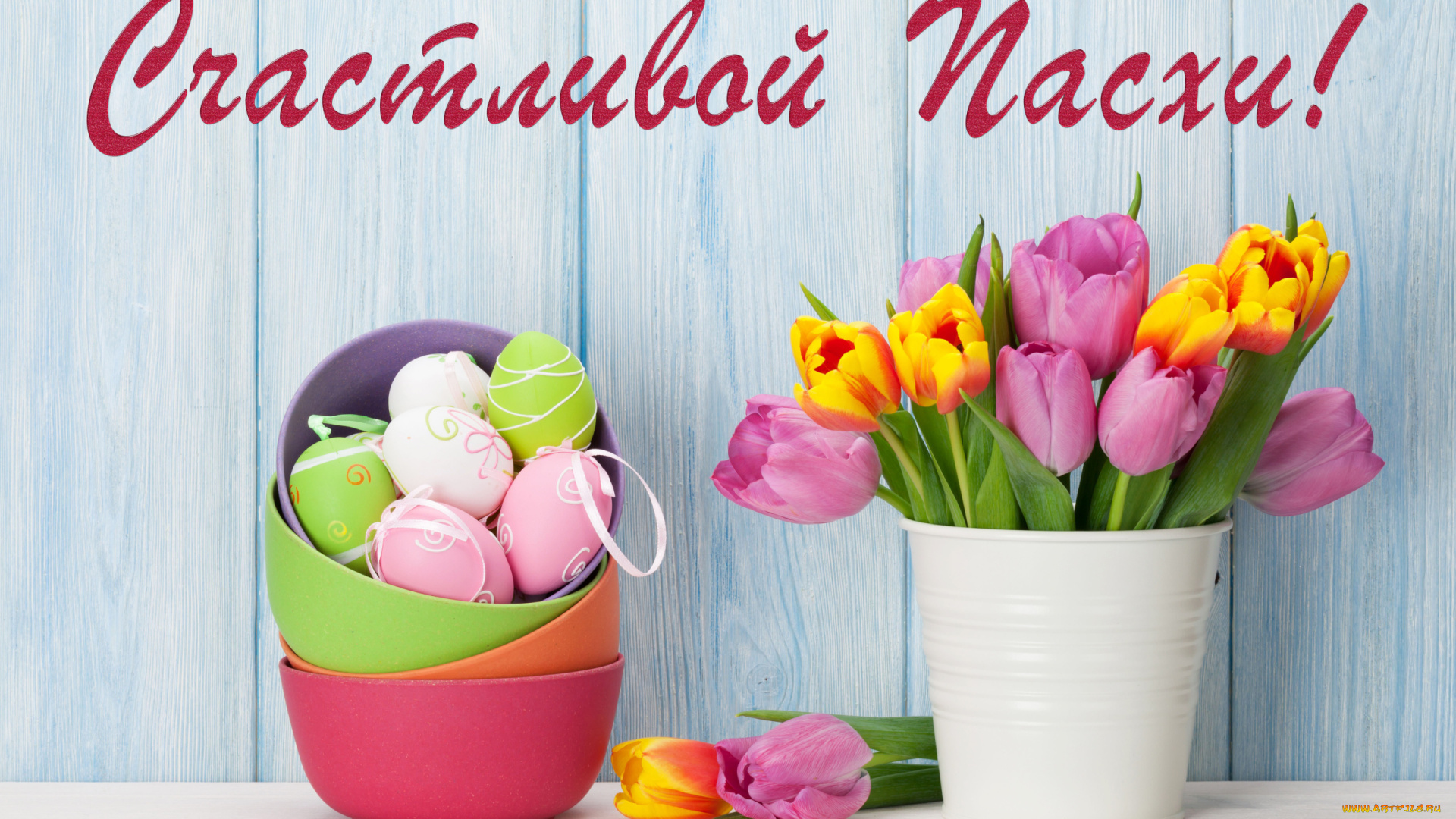 праздничные, пасха, букет, тюльпанов, и, крашеные, яйца