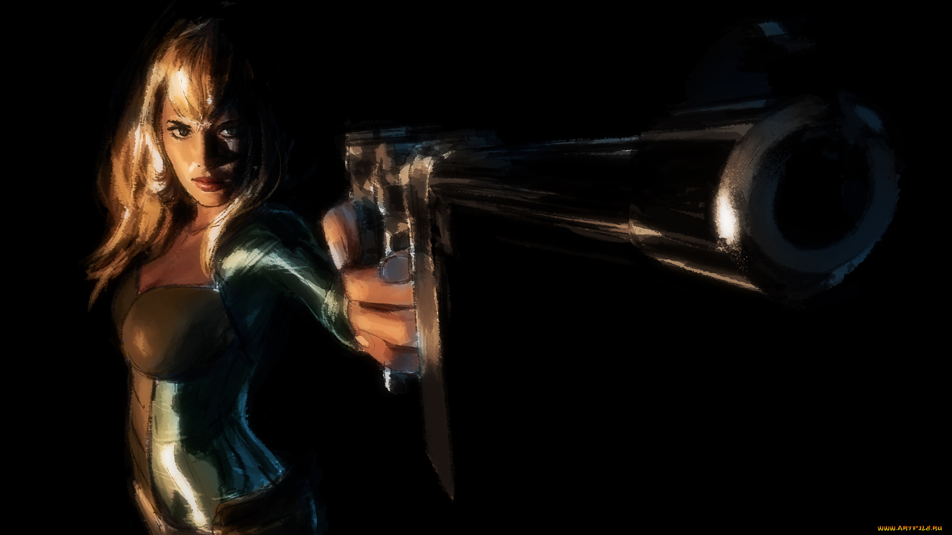 рисованное, комиксы, девушка, фон, револьвер