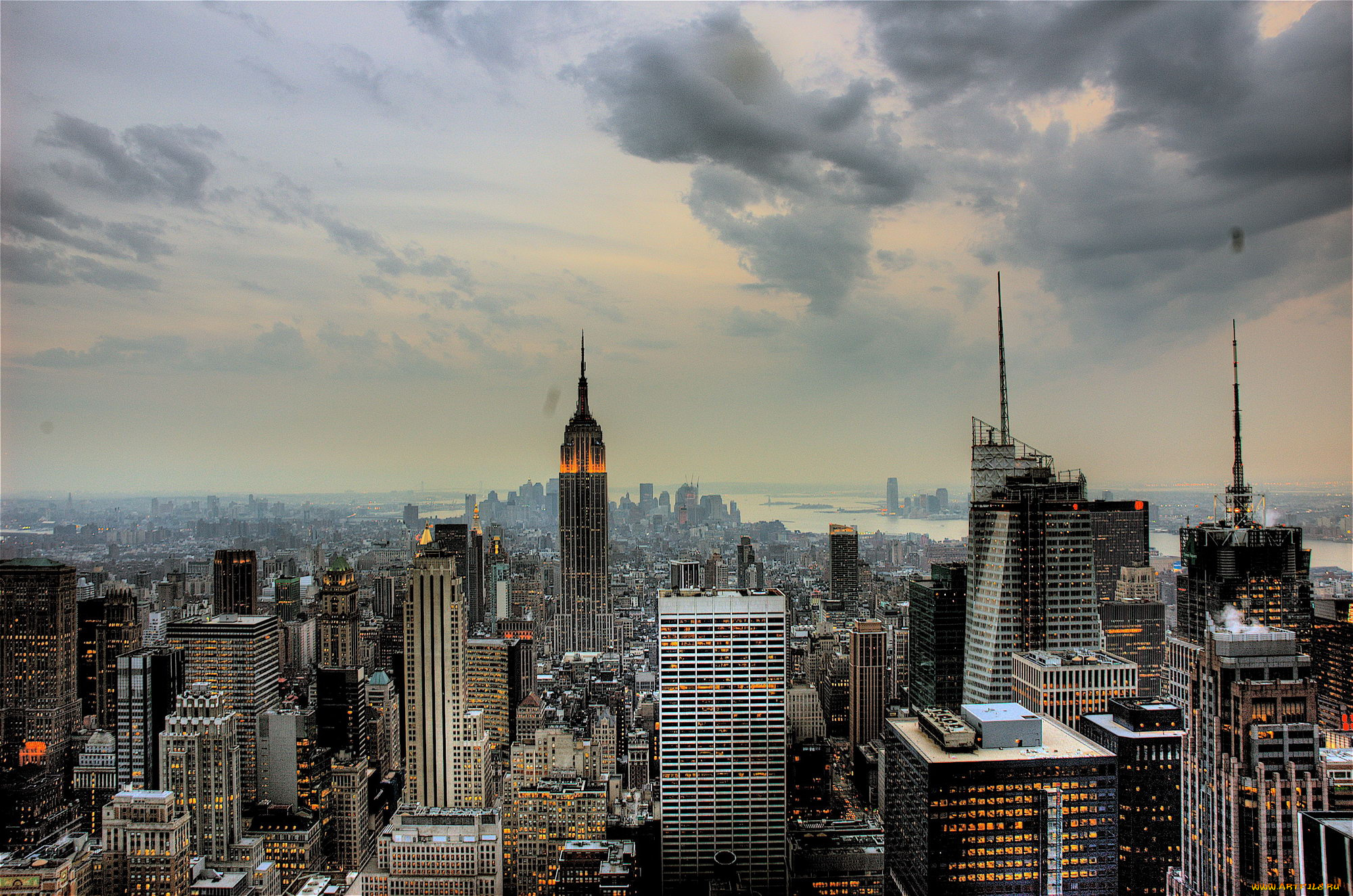 города, нью-йорк, , сша, огни, панорама, здания, дома, тучи, небо