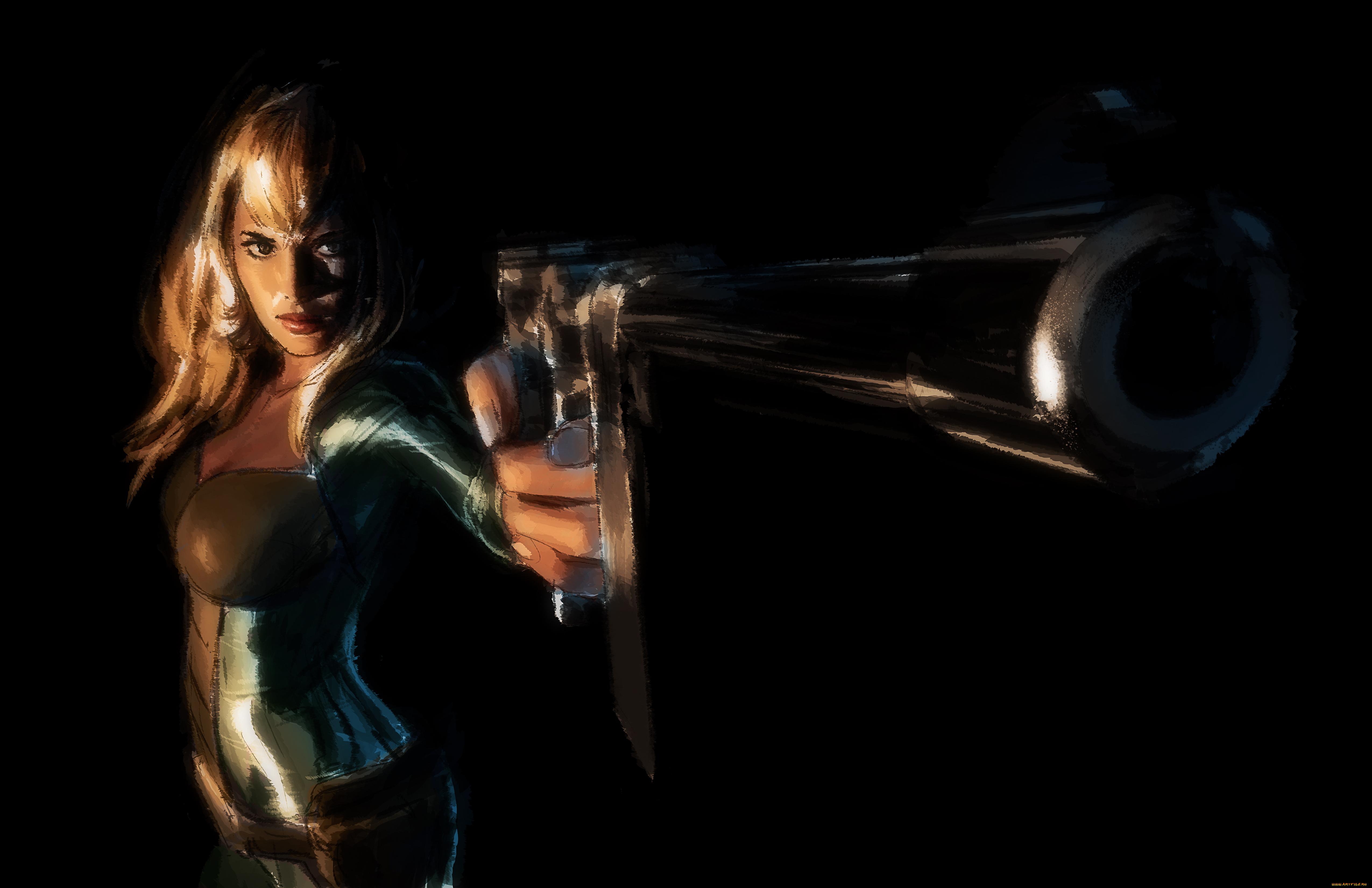 рисованное, комиксы, девушка, фон, револьвер