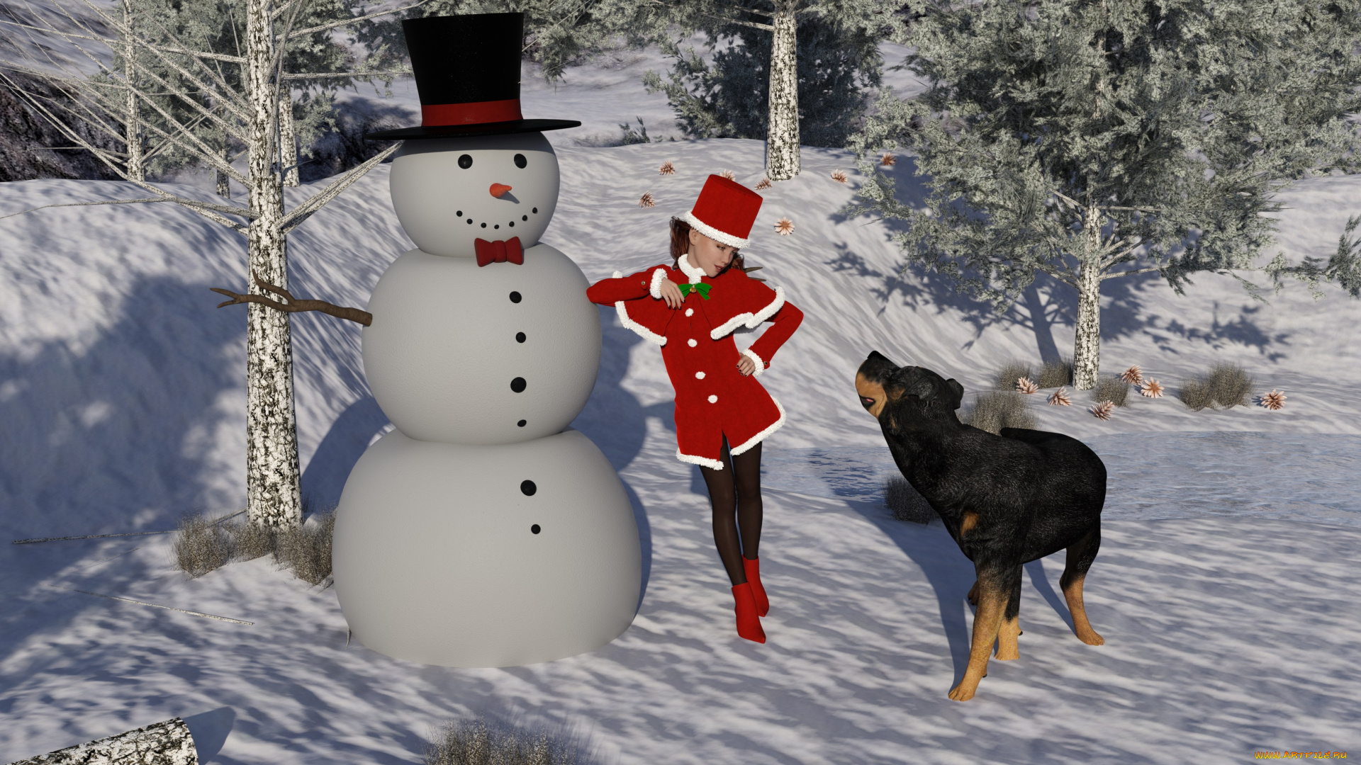 3д, графика, праздники, , holidays, снеговик, собака, фон, взгляд, девушка