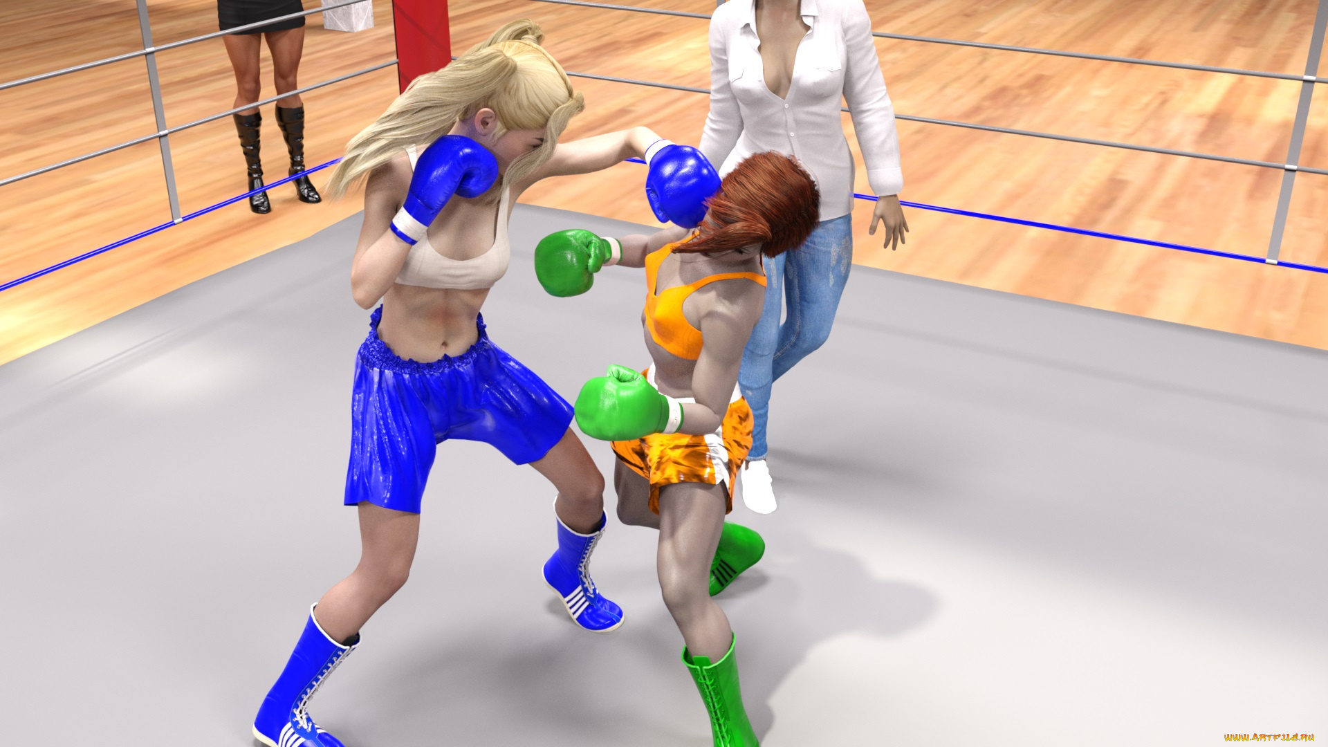 3д, графика, спорт, , sport, бокс, ринг, фон, взгляд, девушки