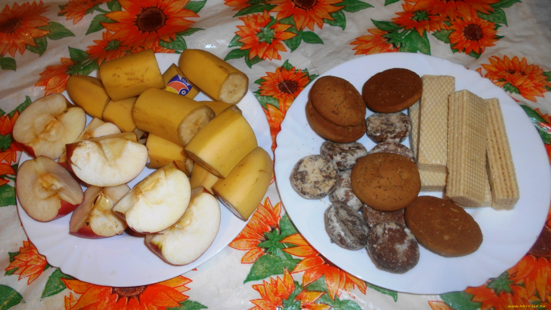 еда, бананы, вафли, печенье, яблоки