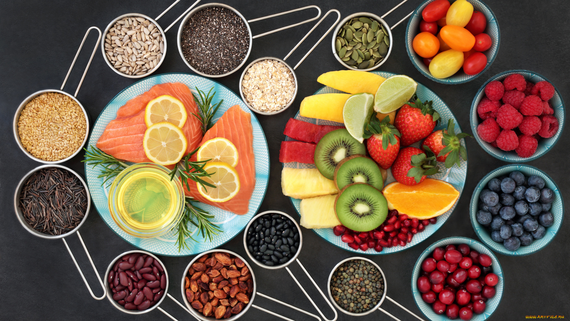 еда, фрукты, , ягоды, малина, помидоры, рыба, лимон, ягоды