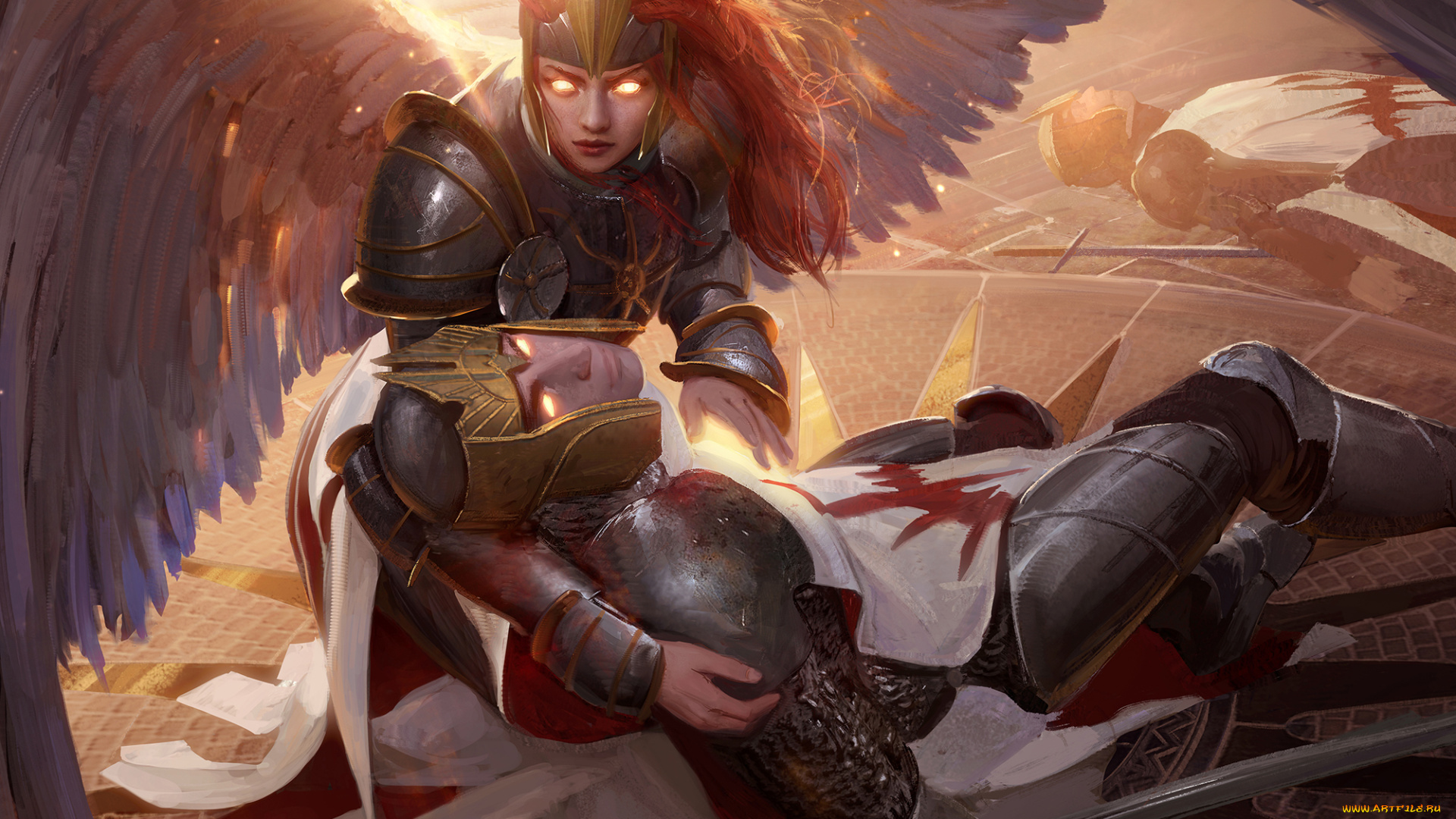 фэнтези, ангелы, крылья, латы, мужчина, девушка