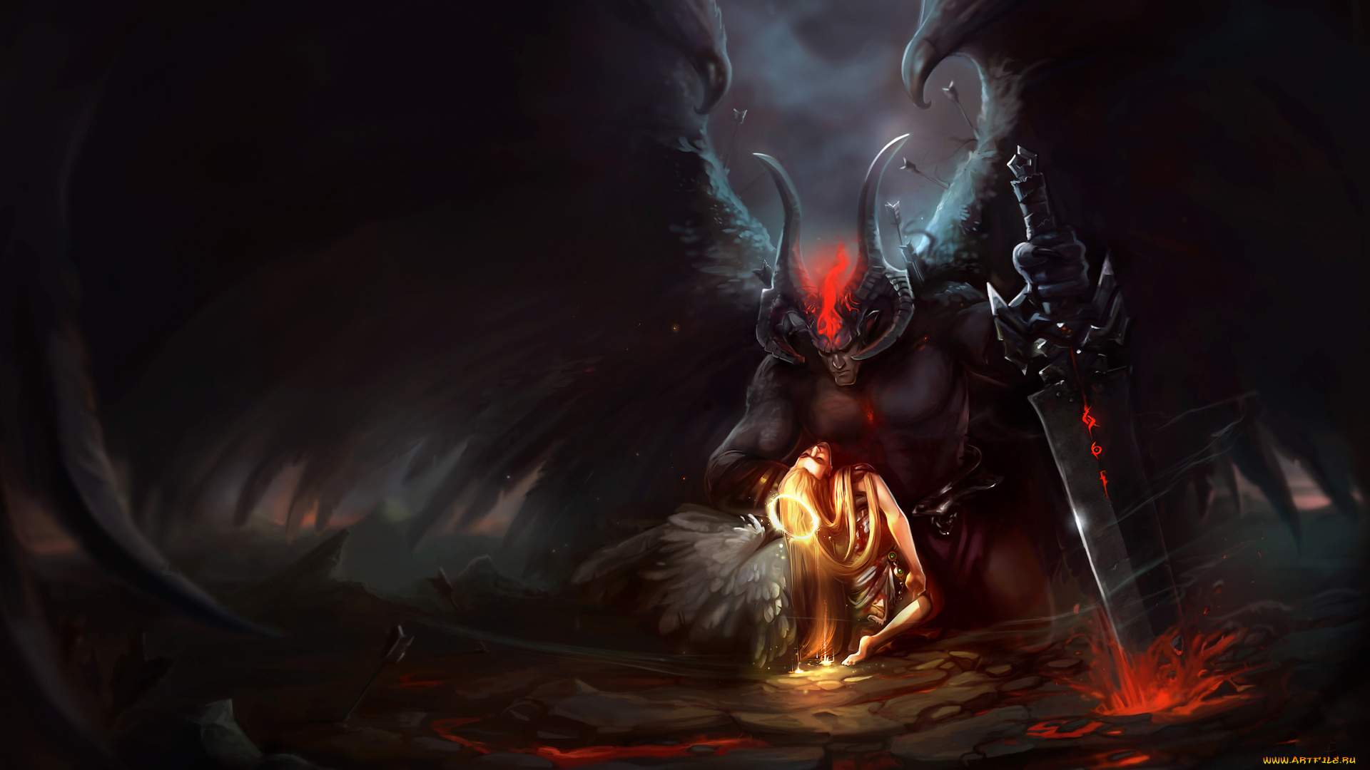 фэнтези, демоны, ангел, девушка, демон, фон