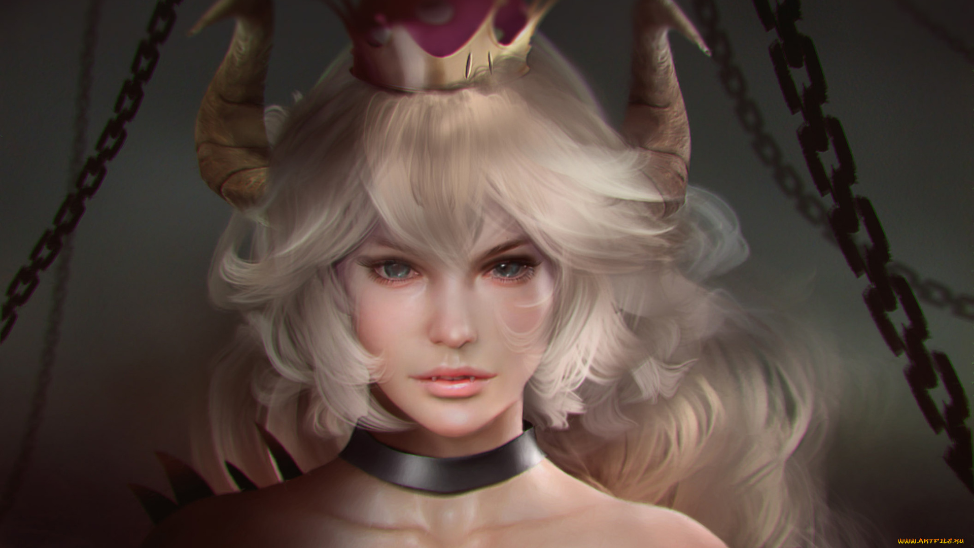 фэнтези, вампиры, рога, взгляд, фон, девушка, bowsette