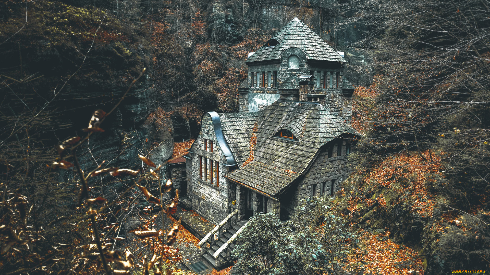 города, -, здания, , дома, особняки, здание, архитектура, лес, осень, деревья, чешская, республика, roman, malikleaves, скала, опавшие, листья