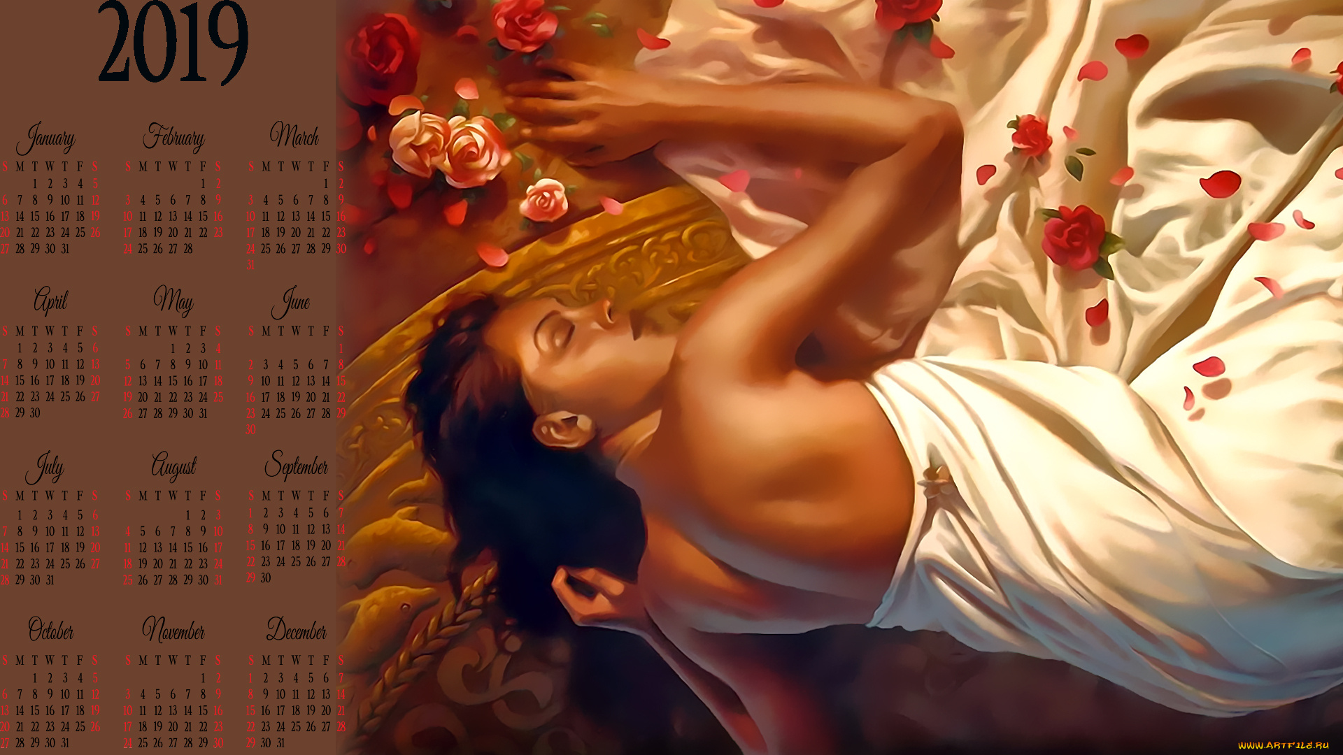 календари, фэнтези, девушка, цветы, отдых