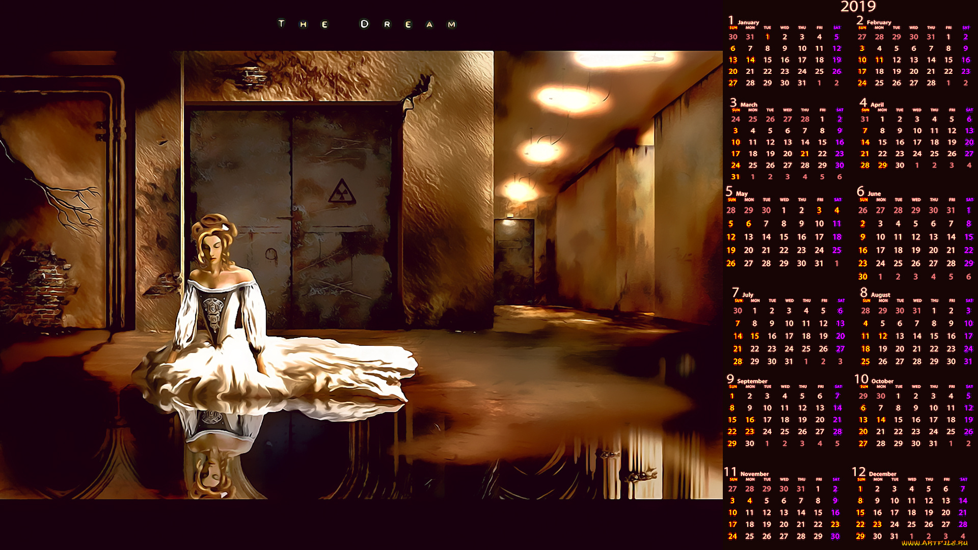 календари, фэнтези, лужа, женщина, отражение, помещение