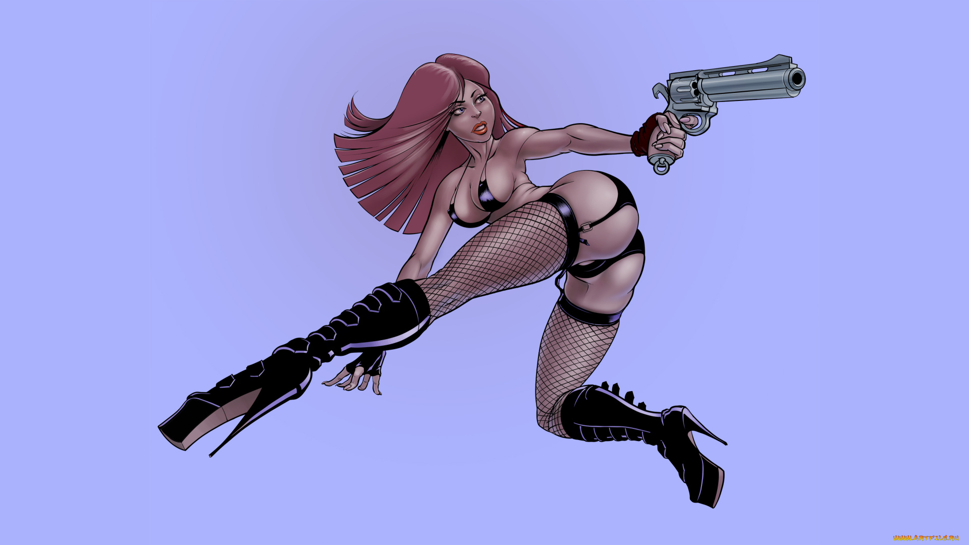 рисованное, комиксы, револьвер, чулки, фон, девушка