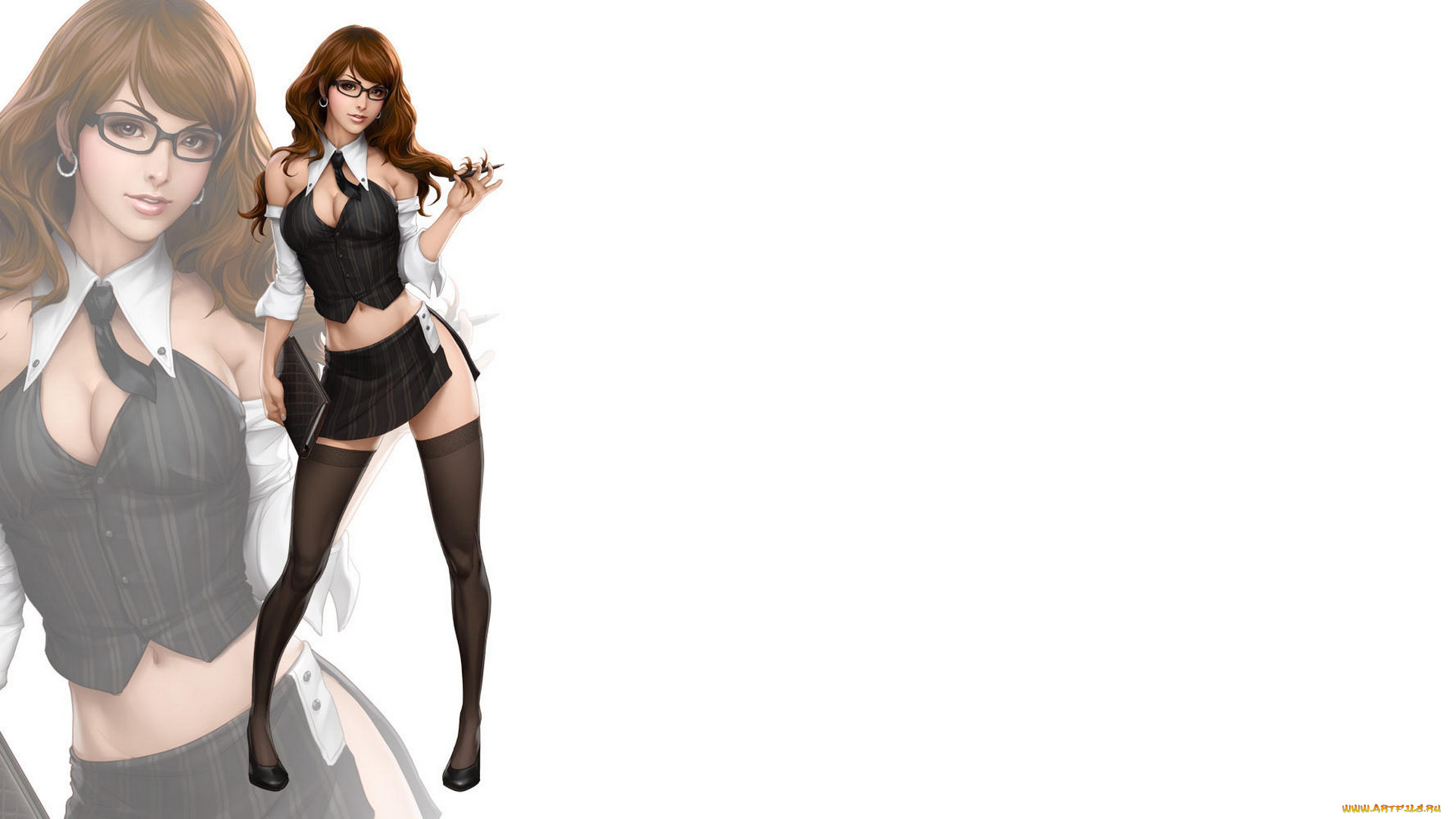 рисованное, люди, чулки, девушка, юбка, очки, взгляд, фон