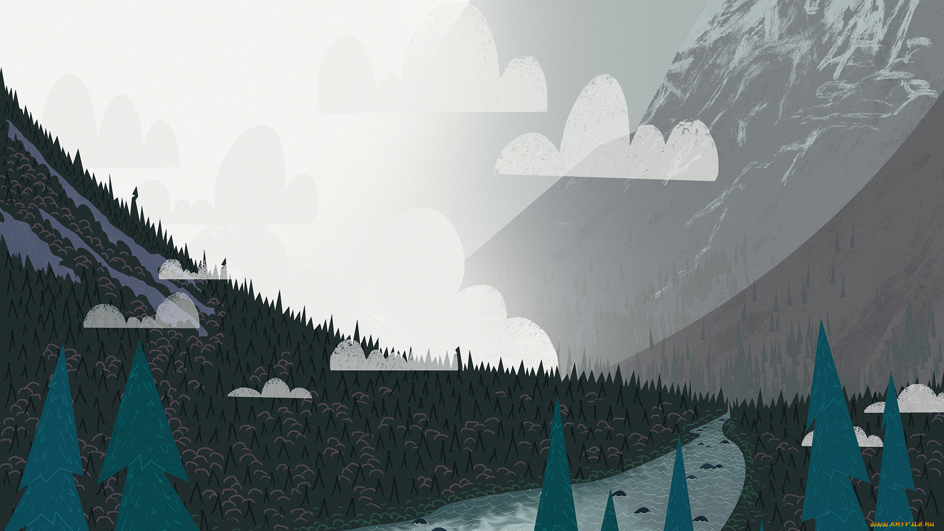 векторная, графика, природа, , nature, река, лес, горы