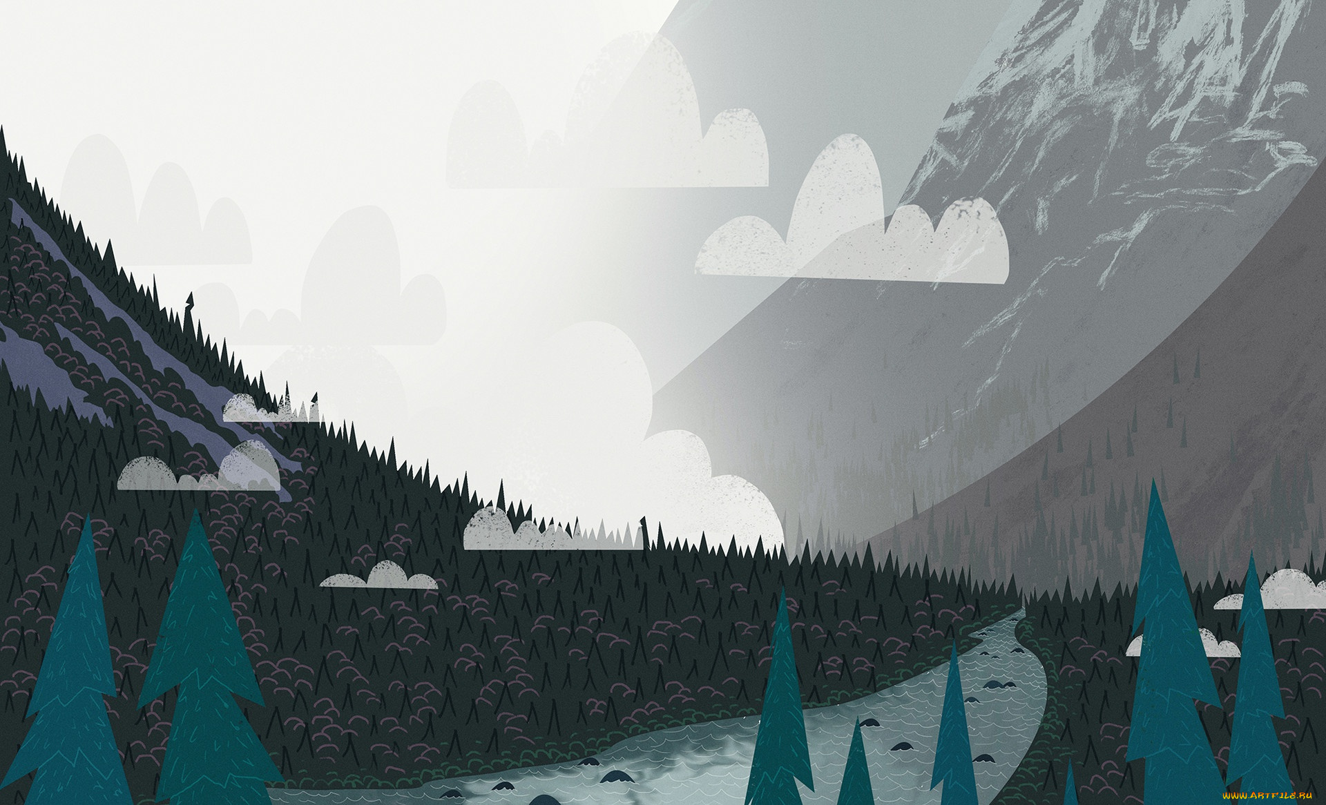 векторная, графика, природа, , nature, река, лес, горы